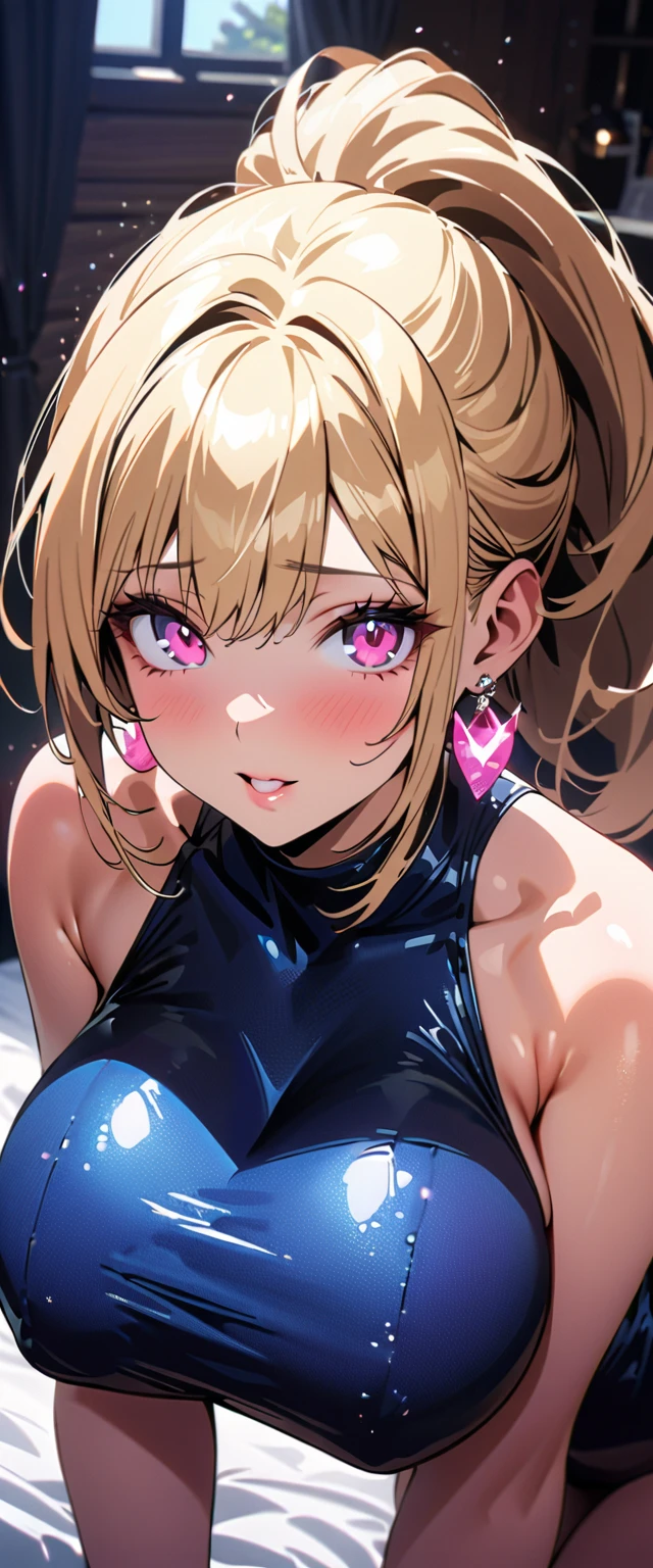 (beautiful girl: 1.3),1girl,masterpiece, Highest quality, Ultra-high resolution,rich contrast,super high quality,8k,Highly detailed CG unit wallpaper,texture,Incredibly absurd,Ultra-high resolution,RAW Photos,(blue one piece swimsuit),blonde Hair,a ponytail, pink eyes,Ultra-detailed eyes,sensuous,Glowing Skin,Glitter effect,Beautiful glossy lips,loafers, bedroom,sunlight through trees,post-rain aroma,Sigh,look up,(huge Breasts),focus on lips, Front close-up shot, light pink Makeup, pink Earrings