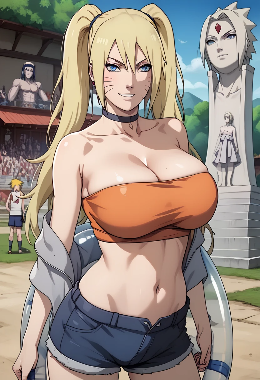 masterpiece, best quality, extremely detail 8k cg, high resolution, 1girl, solo, mature female, orange erotic tube top_SexyJusuNaruto_Naruko_ownwaifu, 1girl, blonde hair, naruko \(naruto\), twintails, long hair, facial mark, whiskers, whisker markings, blue eyes, large breasts, hair between eyes, bangs, orange erotic tube top, micro demon shorts , cleavage, choker, collarbone, onastick, day time, outdoors, konohavillage statue, beautiful face, seductive expression, smirk, medium full shot,headband , one boy ,one boy grab his ass, Sasuke Uchiha 