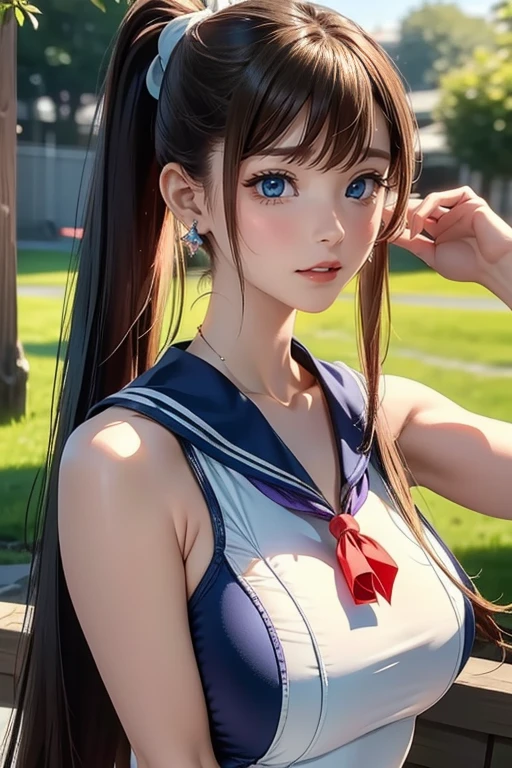 Extreme close up,1 girl,(非常にdetailedな肌),bent,,beautiful胸,(Big Breasts),Pale skin,Pointed Chest,Nipples,(Fantasy art,Best image quality,surrealist portrait,(8k),Ultra-realistic,最high quality, high quality, High resolution, high quality texture,Attention to detail,beautiful,detailed,非常にdetailedなCG,detailedテクスチャー,Realistic facial expressions,masterpiece,Presence,dynamic,bold),ponytail,(Very thin hair),(Very soft hair),(Super Straight Hair:1.5),Long, flowing bangs,Very light coppery amber hair,Hair above one eye,Dressed,Loose fitting T-shirt,See-through sailor swimsuit