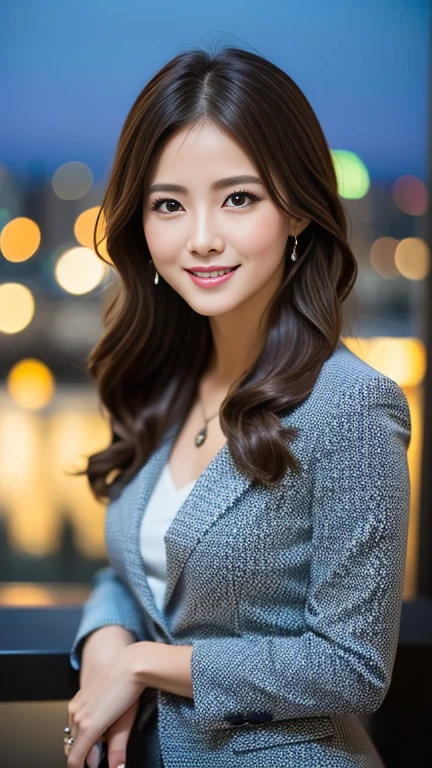 (f/2.8, 135mm, UHD, masterpiece, anatomically correct, textured skin, super detail, best quality, 8k、 sharp focus 、 one woman、Successful entrepreneurs 、50 years old)、( brightly colored , studio lighting )、 Confident Expression 、 shot in a modern office、 night city seen from the window 、 wearing a business suit 、 elegant hairstyle 、(((Facing the camera :1.4)))