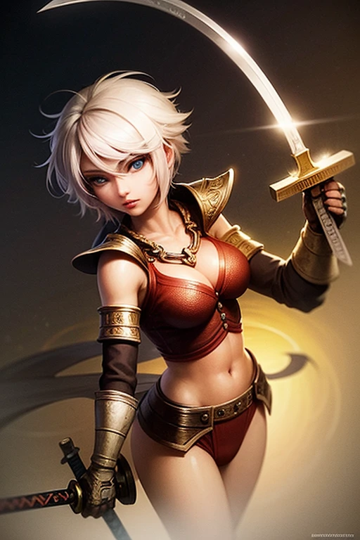 Theme: medieval fantasy, woman warrior, mature woman, white hair, blue eyes, sword in one hand and ax in the other, in frank frazetta artwork style