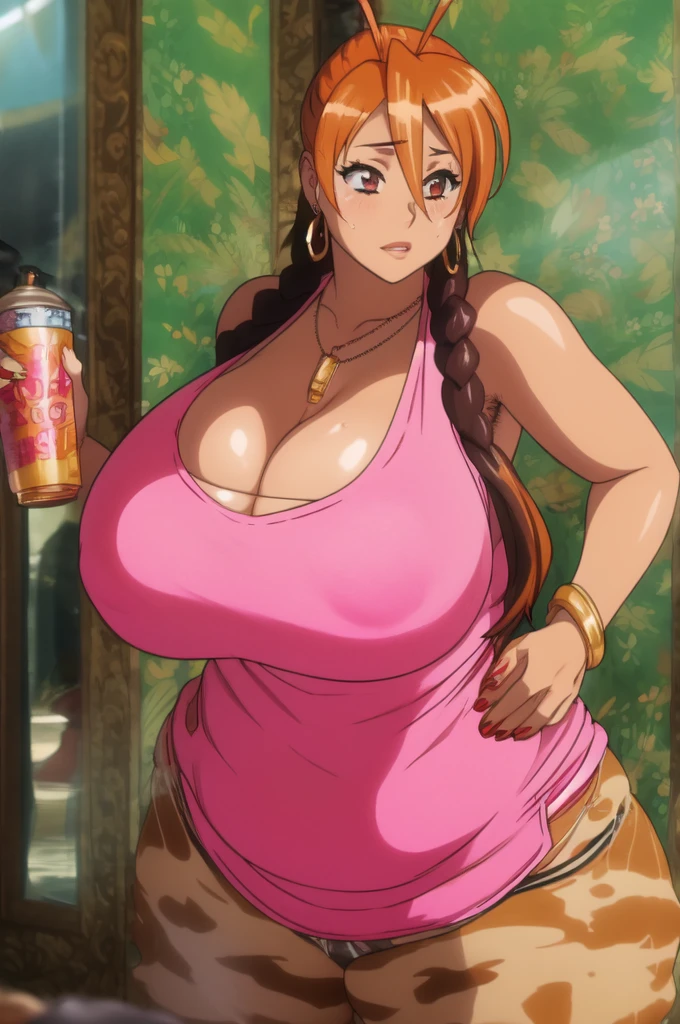 Rei miyamoto,tall body, tall, long legs, mature female, mature, adult, eft_hotd_orange, ((1girl)), ((solo)), orange hair, brown eyes,Big breasts, enormous large breasts, big cleavage, ((loose red tank top with cleavage and open navel)),black thong,Make up,((Eyeshadow)),red lips,((blue drob bar earring)),((Gold chained dog tag necklace)),1girl,Solo,Golden bracelet,curvy figure,Light blush,Half eyes expression,Gaze on viewer,colored Long nail,in love expression,Gaze on viewer,seductive and flirty,Spouty lips,Tattto,Close mouth,Short hair,Mix of happiness and sadness expression,tyding hair,After sex,Messy apartment,Blush,Soft smile,Curvy and plump figure,Curl african hair