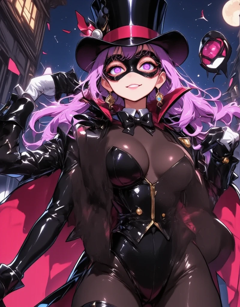  Young Beautiful Woman :1.3,(masterpiece:1.3, top quality :1.3,  detailed depiction :1.3, Amazing high definition  :1.3,High quality anime painting ),(Seductive Female Phantom Thief  :1.3),( sexy female phantom thief costume ,  tuxedo,gentleman&#39;hat,  I cover my eyes with a black Venetian mask composed only of red and black:1.3,,   bodystocking  ,  luxury accessory  , black tights,  boots),(Glowing purple eyes,  with semi-closed eyes  :1.3, Crazy Eyes ,  normal breasts,  seductive smile , shiny lipstick ,  flashy makeup, Seductive Gestures , Beautiful Legs, Healthy legs,Curvy Body,  High quality satin  ), cowboy shot,  jumping from a building at night , Full moon in the background, 2D flat illustration , 赤と黒だけで構成する:1.3