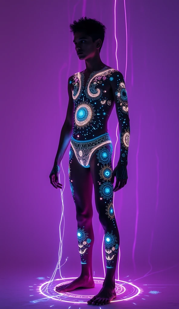 full-body openned-shot of a nepali punk boy ,leanest skinny lean 16-year-old dark-brown-skinned nepali punk boy, posing , robbot, android, against a totally purple background. he has neon circuits and bioluminescent lotus flowers numbers and signs under smooth wet skin. sci-fi futuristic indian movie style. Around him there's a ethereal fluorescent magical-web magic-net shinning and glowing, illuminating his skin with collourfull rays of light. spinning mandalas show up like holographic projections on a cosmic background. cinematic, detailed, intrincate, amazing choosen of collors. artistic , impressive, awarded, l
