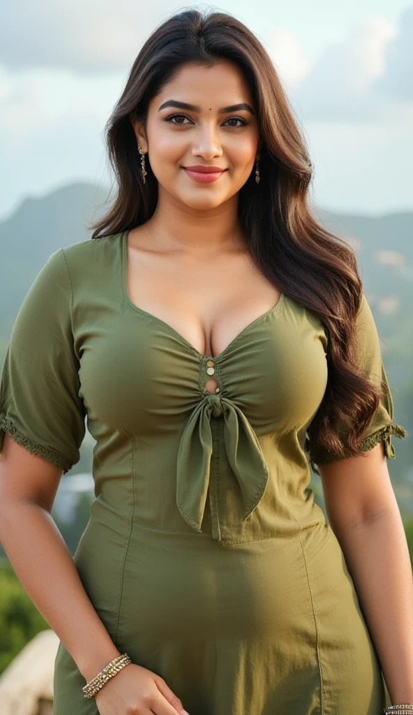 HD wallpaper 32k cinematic shoot of a Beautiful cute Nupur Sanon, curvy plus size, swooping breasts, pretty chubby women, red lips, jewelry styles, long hair, green short-sleeve tie front traditional blouse, Smiling, style pose on the Cap Méchant, Réunion Island, captured in a full-body image, morning atmosphere, minim diffect, ultra details, realistic, ultra hd, Full body image