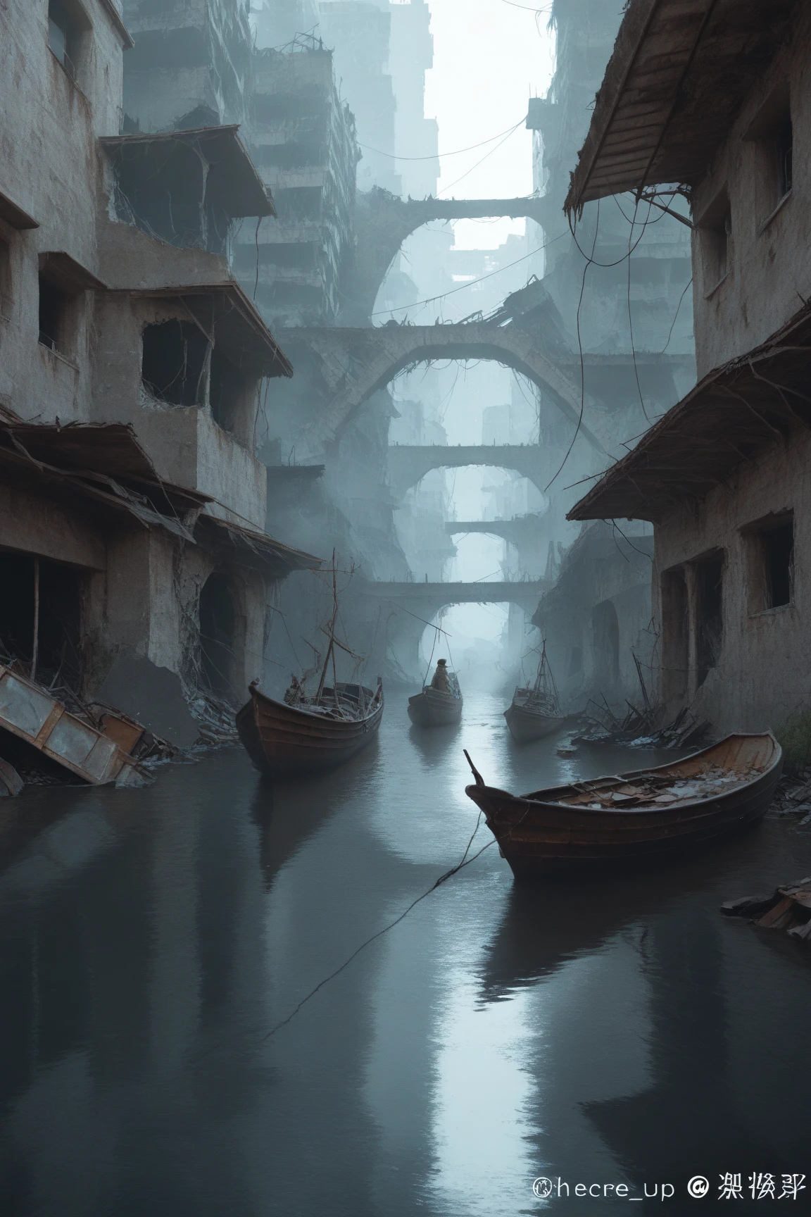  Create a post-apocalyptic scenario , where the Earth was flooded ,  With few trees and lots of structures and buildings.  Add highly detailed details ,  ruins such as abandoned buildings ,  cracks in the ,  faulty electrical installations ,  and poor lighting .  The scene should have a mysterious and dark tone ,  structure with elements of water and ,  high resolution , hyper detailed, add ships ,  used as cities , Ship cities, 8 k,  lots of quality 