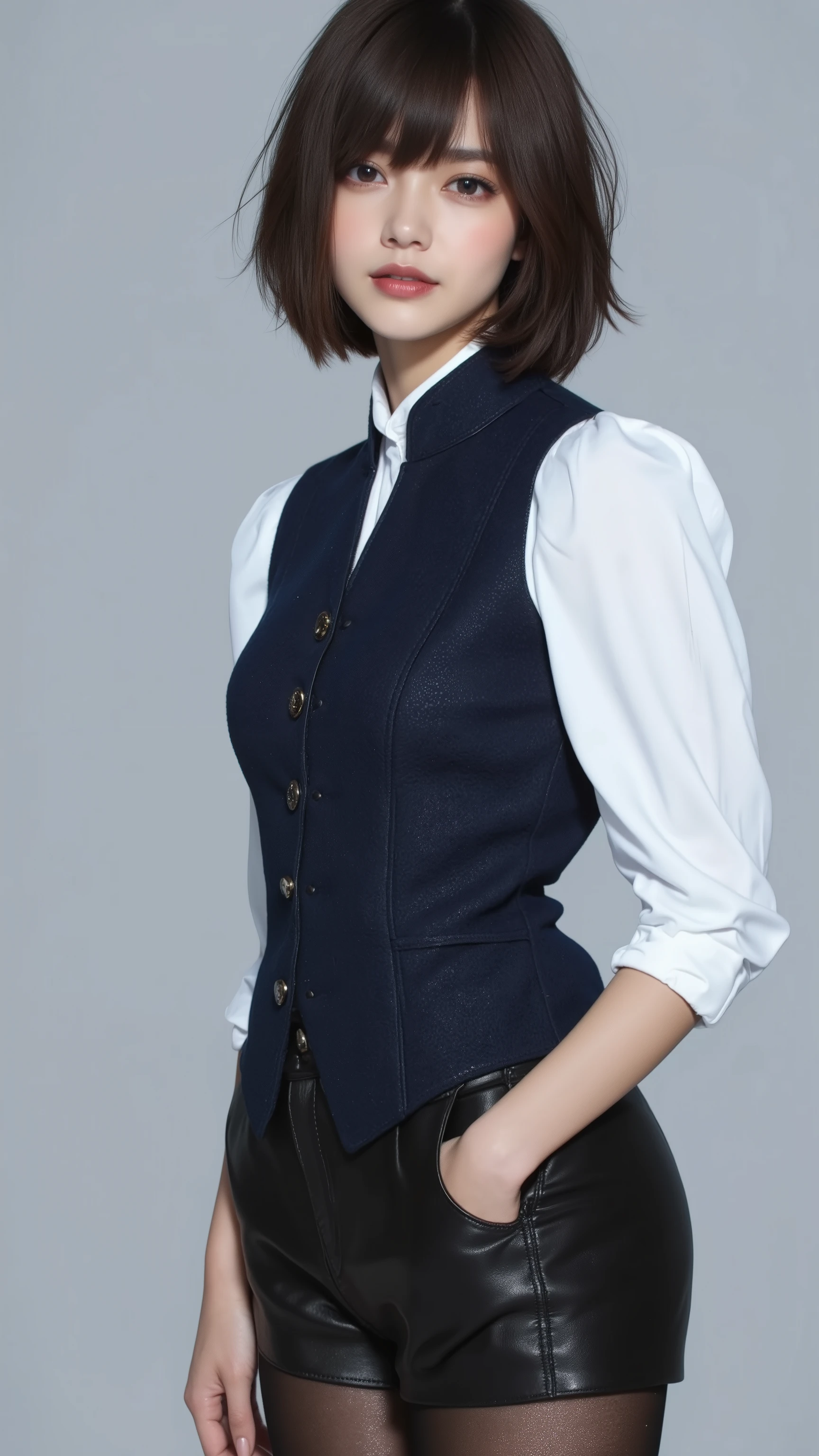 Short dark brown hair, dull bangs, puffed-up white long-sleeve blouse, dark blue vests that button the front, black leather , black stockings, expressions neutral, light gray in the background, stylish, fashion magazines, promotional materials, bright in lighting, professionally shot,