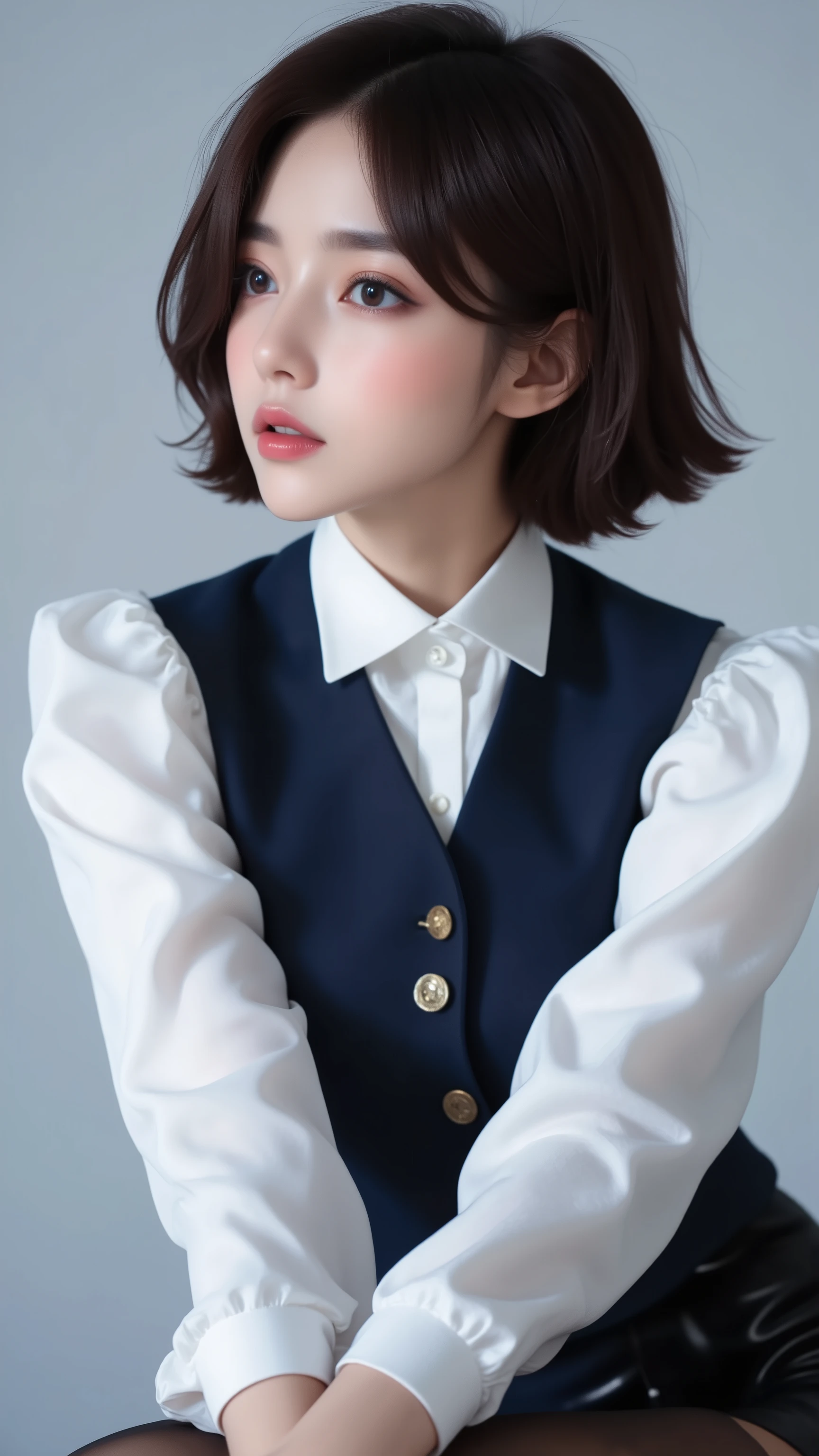 Short dark brown hair, dull bangs, puffed-up white long-sleeve blouse, dark blue vests that button the front, black leather , black stockings, expressions neutral, light gray in the background, stylish, fashion magazines, promotional materials, bright in lighting, professionally shot,