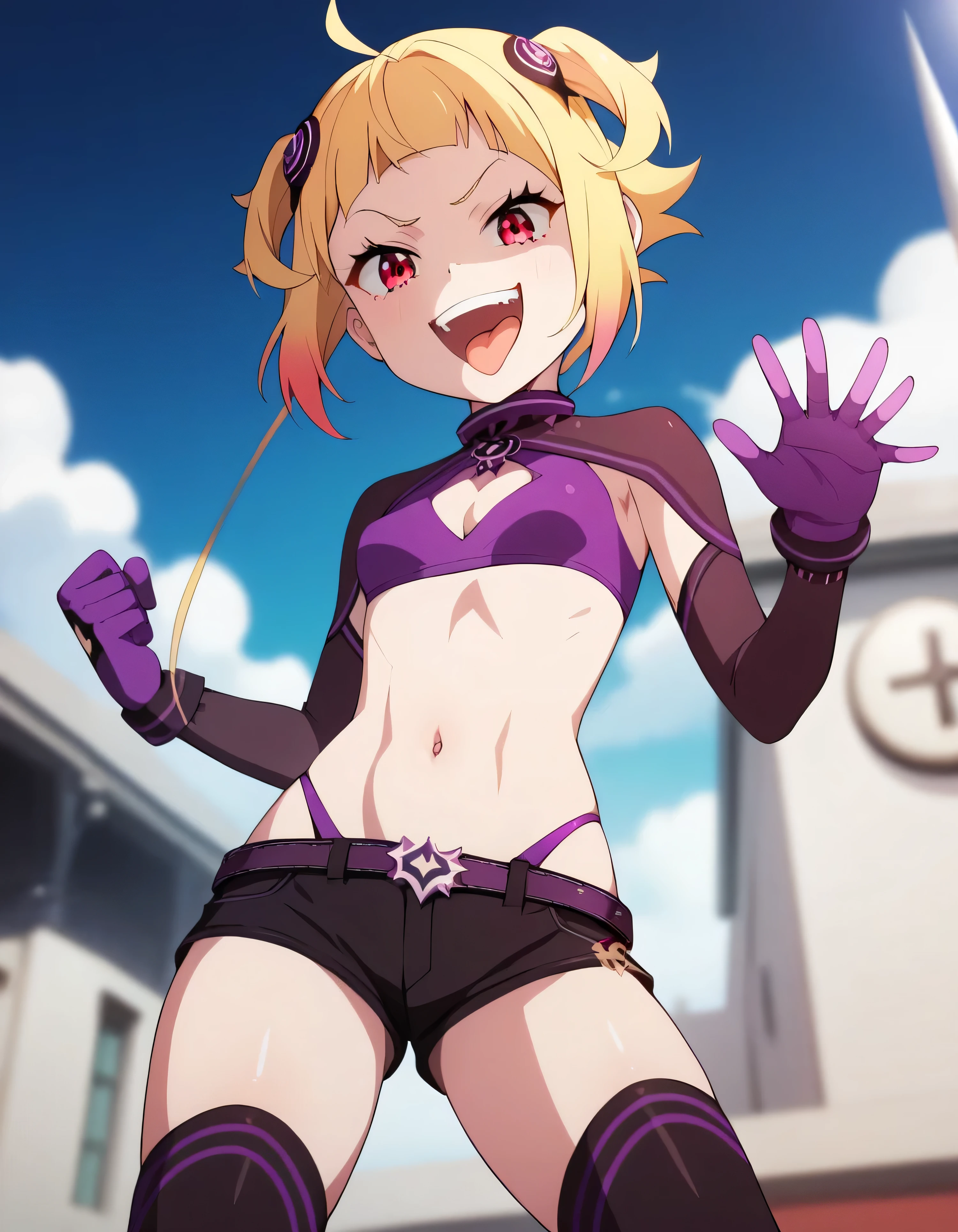 masterpiece, best quality, good quality, newest, CEL, AnFit, red eyes, blonde hair, purple crop top, 1girl, tongue out, black thighhighs, looking at viewer, purple gloves, cowboy shot, short shorts, black shorts, small breasts, highleg panties, hair ornament, , underwear, , panty straps, smile, cleavage cutout, , open mouth, purple panties, two-tone , pink gloves, sidelocks, outline1girl, blonde hair,masterpiece , best quality, , lookin under, ,, smile, purple brassiere, from below,too evil laugh, small girl,small ,beautiful body,villain pose,short hair,shaded face(eyes in shadow),1girl,violence,attack,kick,evil darkness background,five fingers,