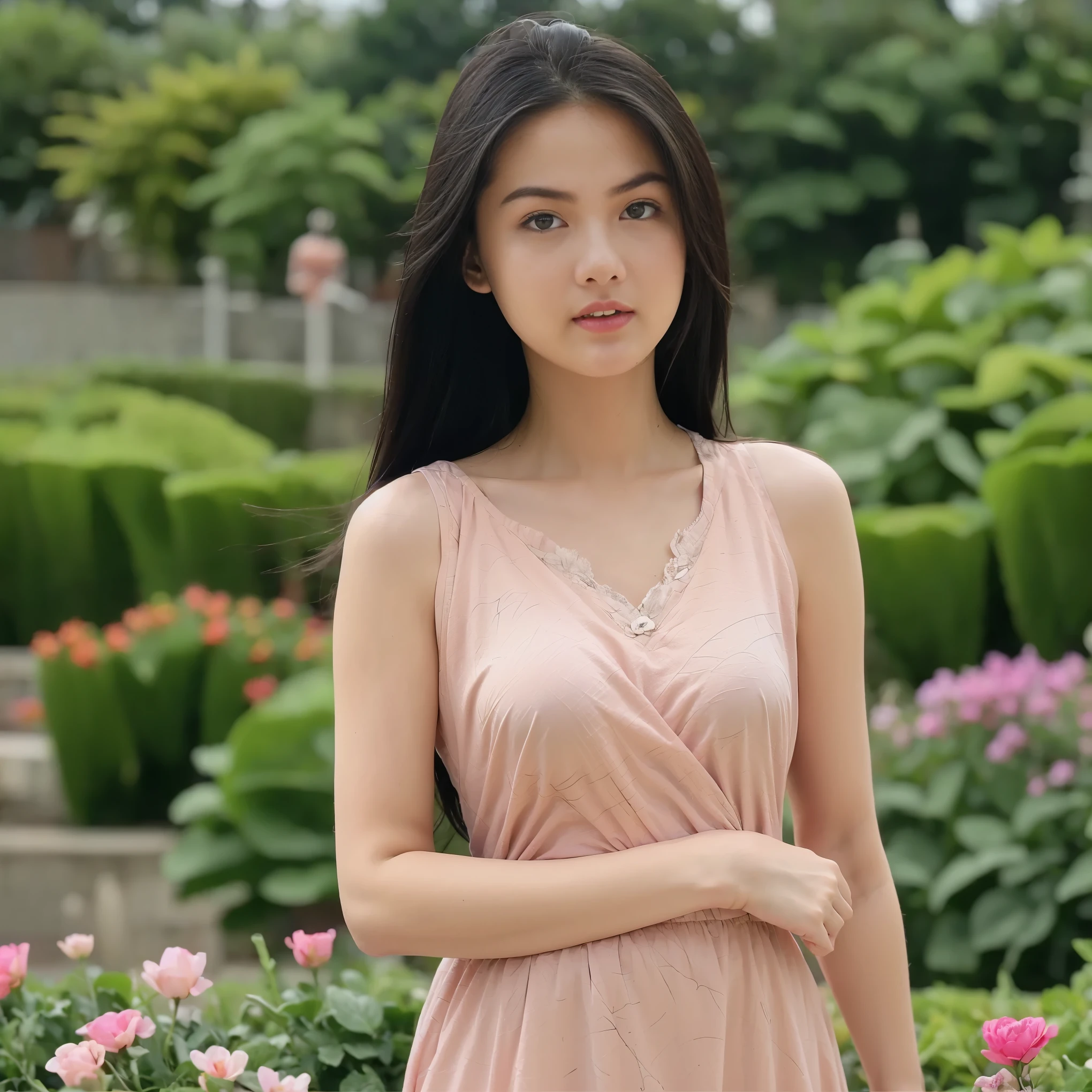 (masterpiece, best quality:1.2, 8k RAW photo, 1girl, solo, natural soft lighting), (medium breast), standing in the blooming colorfull flower field, mountains background, upper body, looking at camera