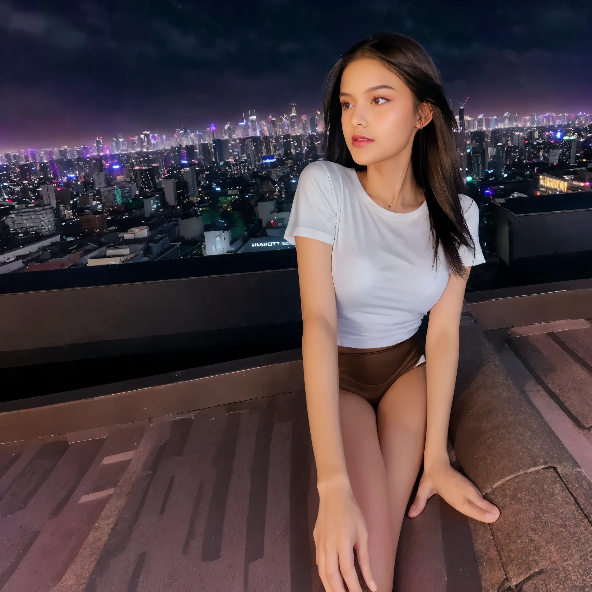 Raw, cinematic shot, (sharp focus:1.5), (photorealistic:1.4), twilight lighting, volumetric lighting, ultra high res, 16K,dramatic lighting, Midnight, Whole body, Long legs, Sharp focus :1.2, A pretty woman with perfect figure :1.4, Slender abs :1.1, (Dark brown hair,Gigantic breasts :1.2), (White tight tshirt, Standing:1.2), (Night city view, Rooftop:1.3), Highly detailed face and skin texture, Detailed eyes, Double eyelid,  Light penetrates the hair,naked,