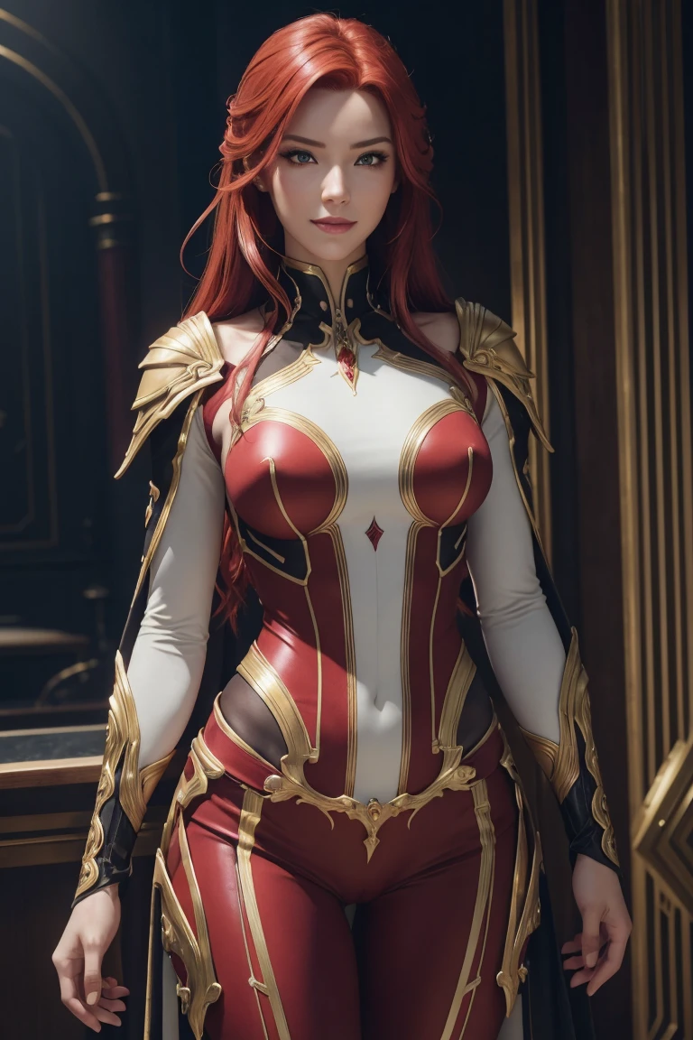  I want to be a powerful figure behind the scenes .！,Iris midgar, red hair,across the width,Turn outside , Beautiful red eyes ,Beautiful white skin,black and gold suit,White long pants,photorealistic , Ultra high definition , HIGH QUALITY, masterpiece, Digital SLR Cameras ,Detailed details, intricate details ,Anatomical basis,represented in detail, A detailed face , realistic skin texture ,vivid details,Perfect anatomy,Perfect anatomy, anatomically correct hand , Anatomically correct fingers , super detail , complex 3D rendered , The vision of the world of a fantasy with sexy postures,Naturaleza,picturesque, pink lips,smile, Iris midgar  red hair ojos rojos 