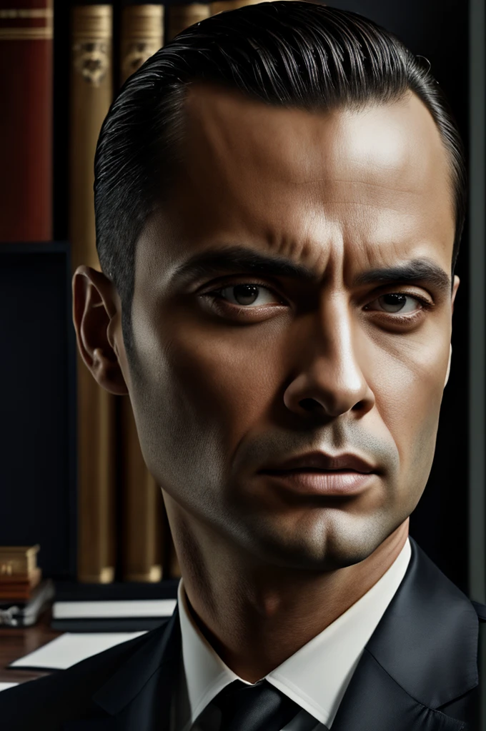 beautiful oil matte portrait painting, mafia boss at his 30s new york office desk, wonderful masterpiece highly detailed, beautiful cinematic light deep focus, elegant, digital painting, smooth, sharp focus, golden ratio, dramatic illumination, ultra realistic, 8k, art by jimmy law,CEO