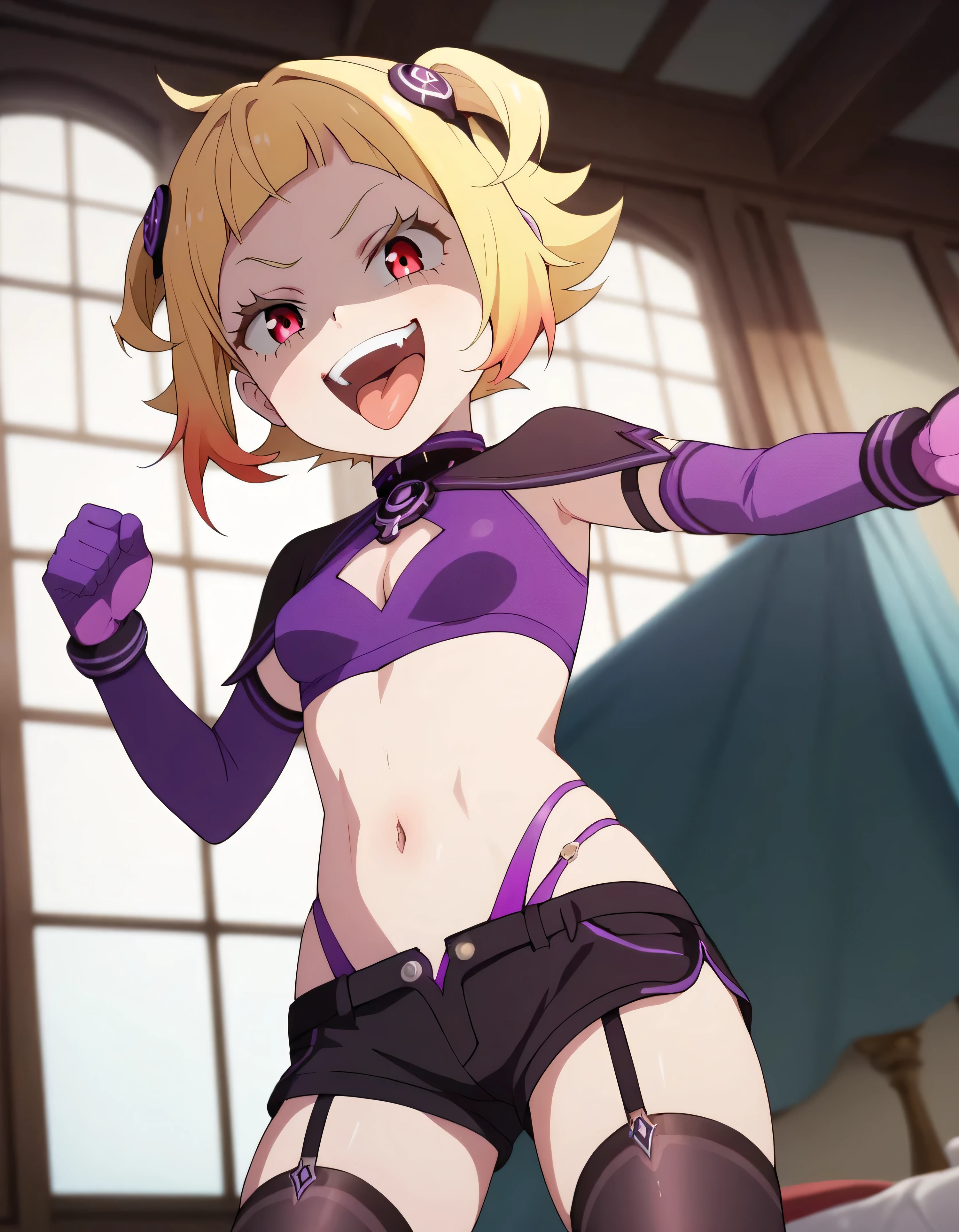 masterpiece, best quality, good quality, newest, CEL, AnFit, red eyes, blonde hair, purple crop top, 1girl, tongue out, black thighhighs, looking at viewer, purple gloves, cowboy shot, short shorts, black shorts, small breasts, highleg panties, hair ornament, , underwear, , panty straps, smile, cleavage cutout, , open mouth, purple panties, two-tone , pink gloves, sidelocks, outline1girl, blonde hair,masterpiece , best quality, , lookin under, ,, smile, purple brassiere, from below,too evil laugh, ,small loliul body,villain pose,short hair,shaded face(eyes in shadow),1girl,violence,attack,kick,evil darkness background,five fingers,