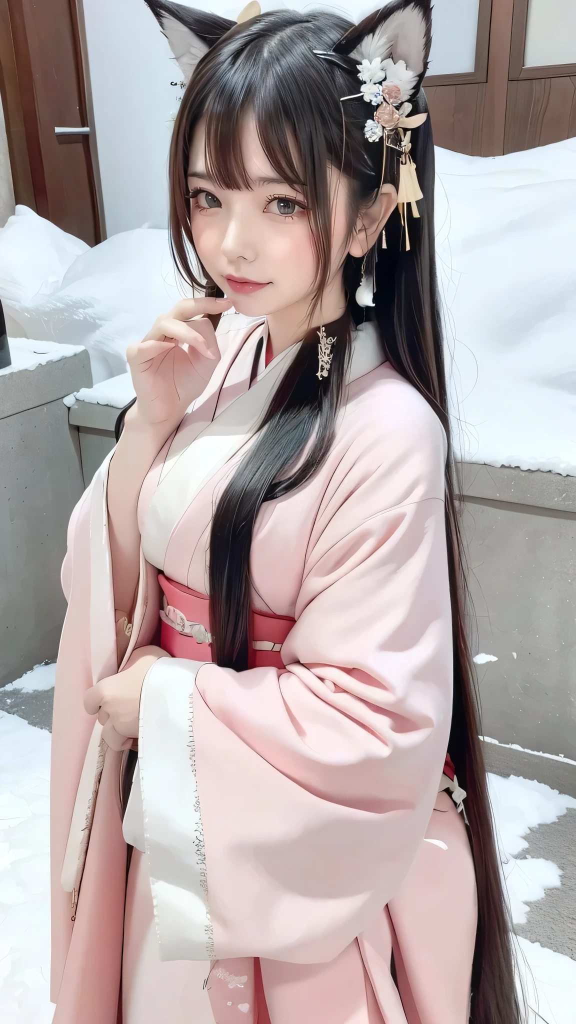 solo,  long hair,  from your hand and direct your gaze,  smiles,  black hair, とても long hair,  pink eyes,  wolf ears, Snow kimono hairpin