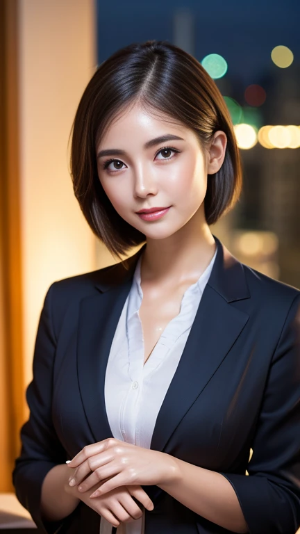 (f/2.8, 135mm, UHD, masterpiece, anatomically correct, textured skin, super detail, best quality, 8k、 sharp focus 、 one woman、Successful entrepreneurs 、50 years old)、( brightly colored , studio lighting )、 Confident Expression 、 night office で撮影、 night city seen from the window 、 wearing a business suit 、 elegant hairstyle 、(((Facing the camera :1.4)))、(( realistic facial wrinkles:1.4))、 anatomically correct hands、 accurate hands、Detailed depiction of fingers、((( night office :1.2)))
