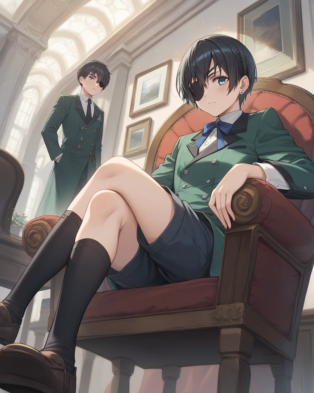 score_9,score_8_up,score_7_up,best quality, 4k, rating_safe, very aesthetic, source_anime,blush,
room,
Ciel_PhantomhiveAA,blue eyes,black hair,short hair,eyepatch,green suit,shorts,earrings,black socks,
dynamic angle,crossed legs,sitting chair,,