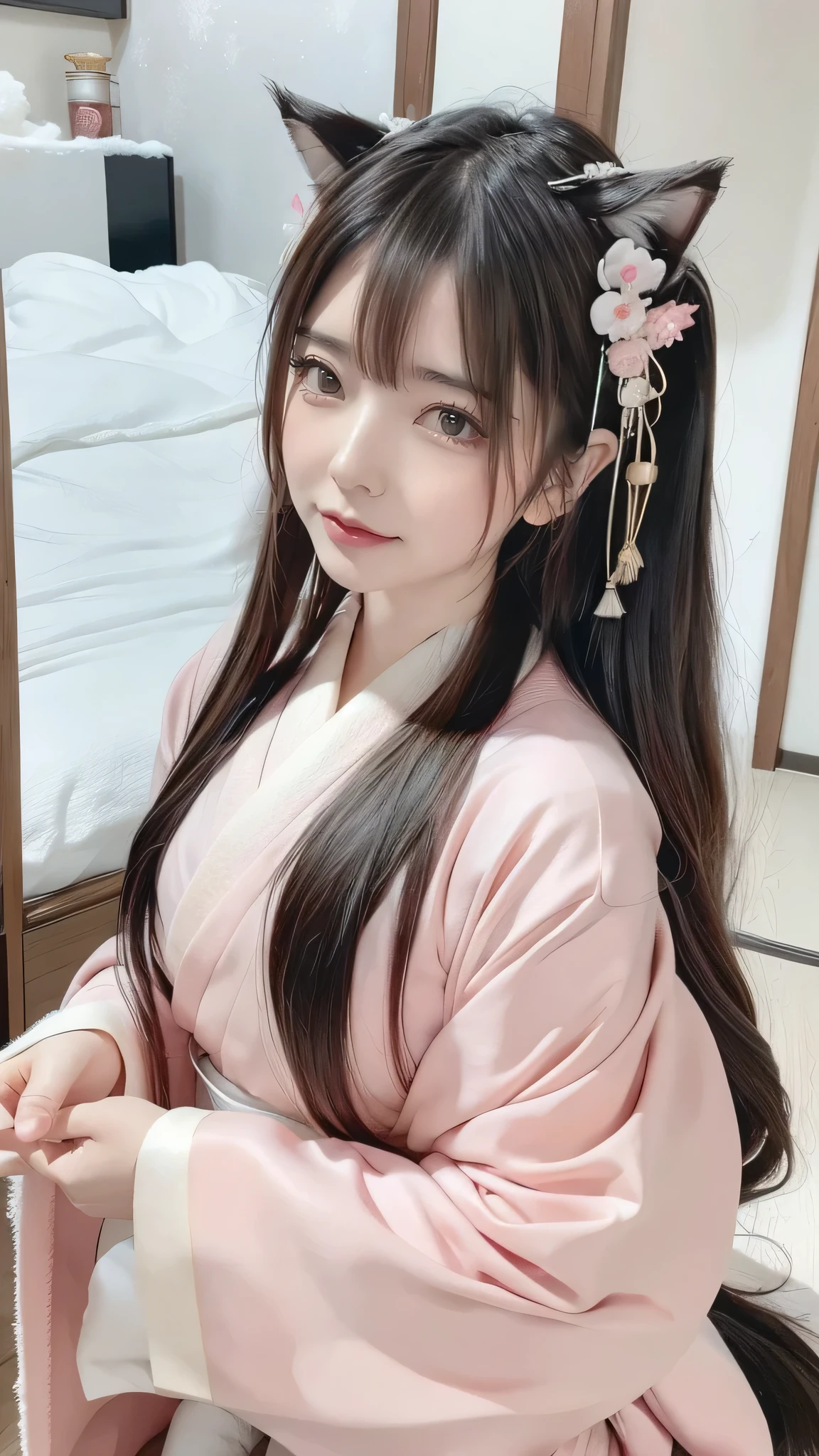 solo, long hair, from your hand and direct your gaze, smiles, black hair, とても long hair, pink eyes, wolf ears, Snow kimono hairpin