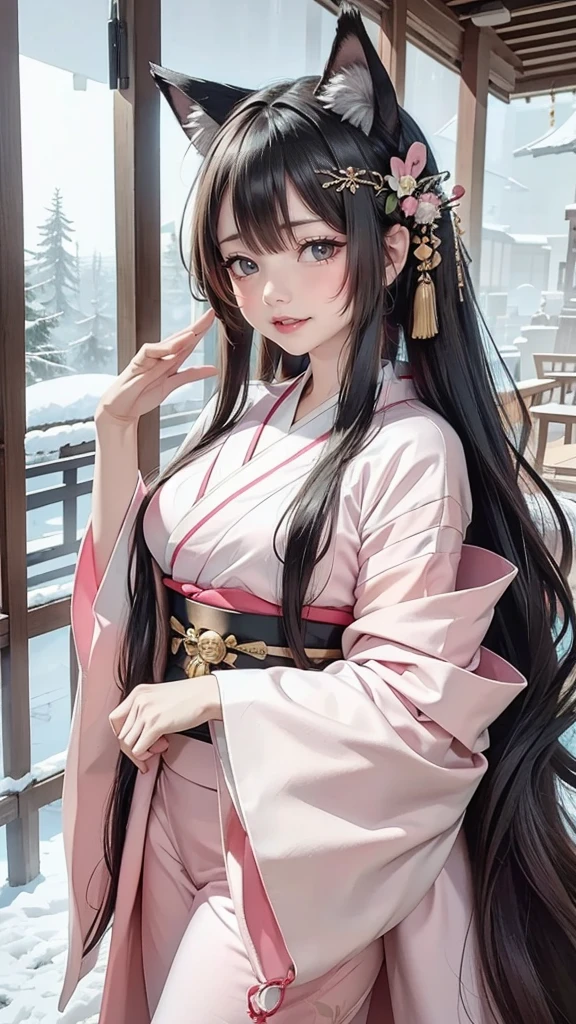 solo,  long hair,  from your hand and direct your gaze,  smiles,  black hair, とても long hair,  pink eyes,  wolf ears, Snow kimono hairpin