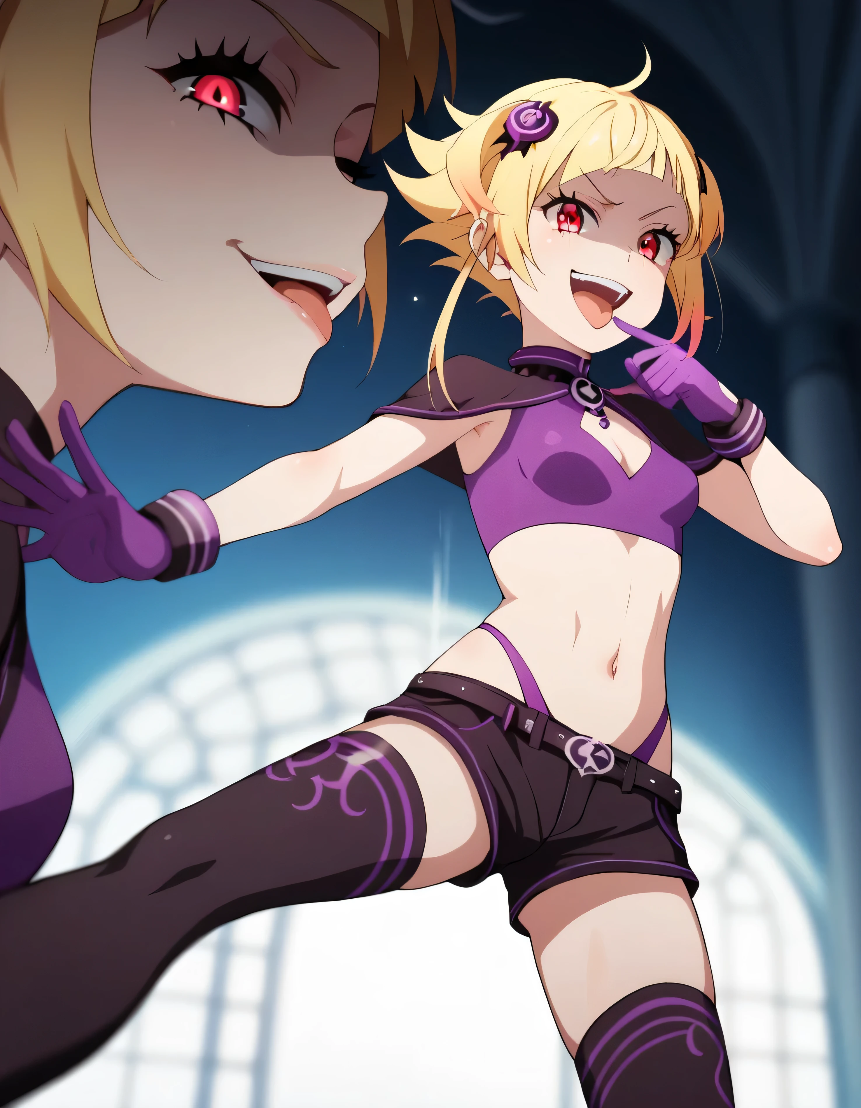 masterpiece, best quality, good quality, newest, CEL, AnFit, red eyes, blonde hair, purple crop top, 1girl, tongue out, black thighhighs, looking at viewer, purple gloves, cowboy shot, short shorts, black shorts, small breasts, highleg panties, hair ornament, , underwear, , panty straps, smile, cleavage cutout, , open mouth, purple panties, two-tone , pink gloves, sidelocks, outline1girl, blonde hair,masterpiece , best quality, , lookin under, ,, smile, purple brassiere, from below,too evil laugh, ,small loliul body,villain pose,short hair,shaded face(eyes in shadow),1girl,violence,attack,kick,evil darkness background,five fingers,