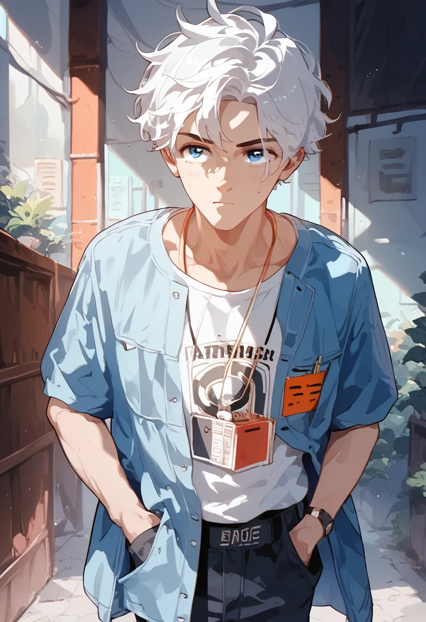 1 boy, White hair, Blue eyes, Hand in pocket