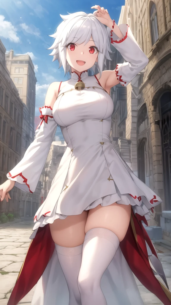 masterpiece, best quality, girl, solo, looking at viewer, bell_cranel, white hair, red eyes, large breasts, white dress, detached sleeves, blue thighhighs, standing, outdoors, smile, open mouth 