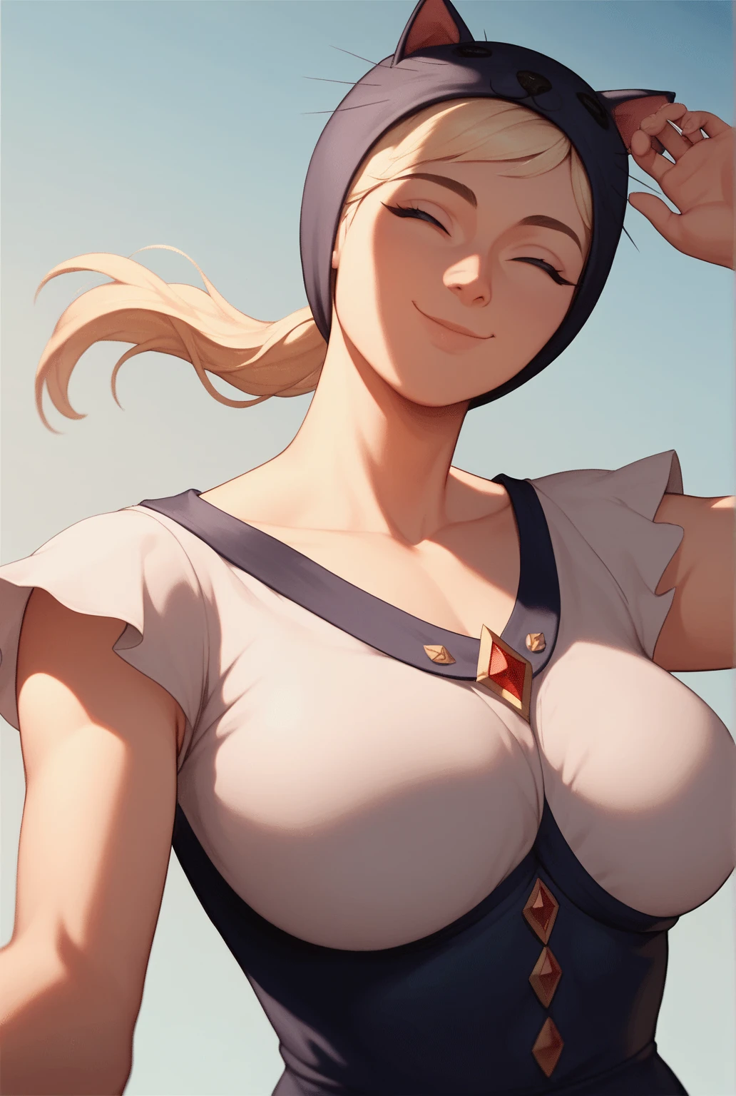  a girl, Alone, smile,  Closed mouth ,  eyes closed,  High resolution,  masterpiece,  HIGH QUALITY, breasts,  big breasts, smile,  simple background, perspective,  illustration,  animated, arte digital, 