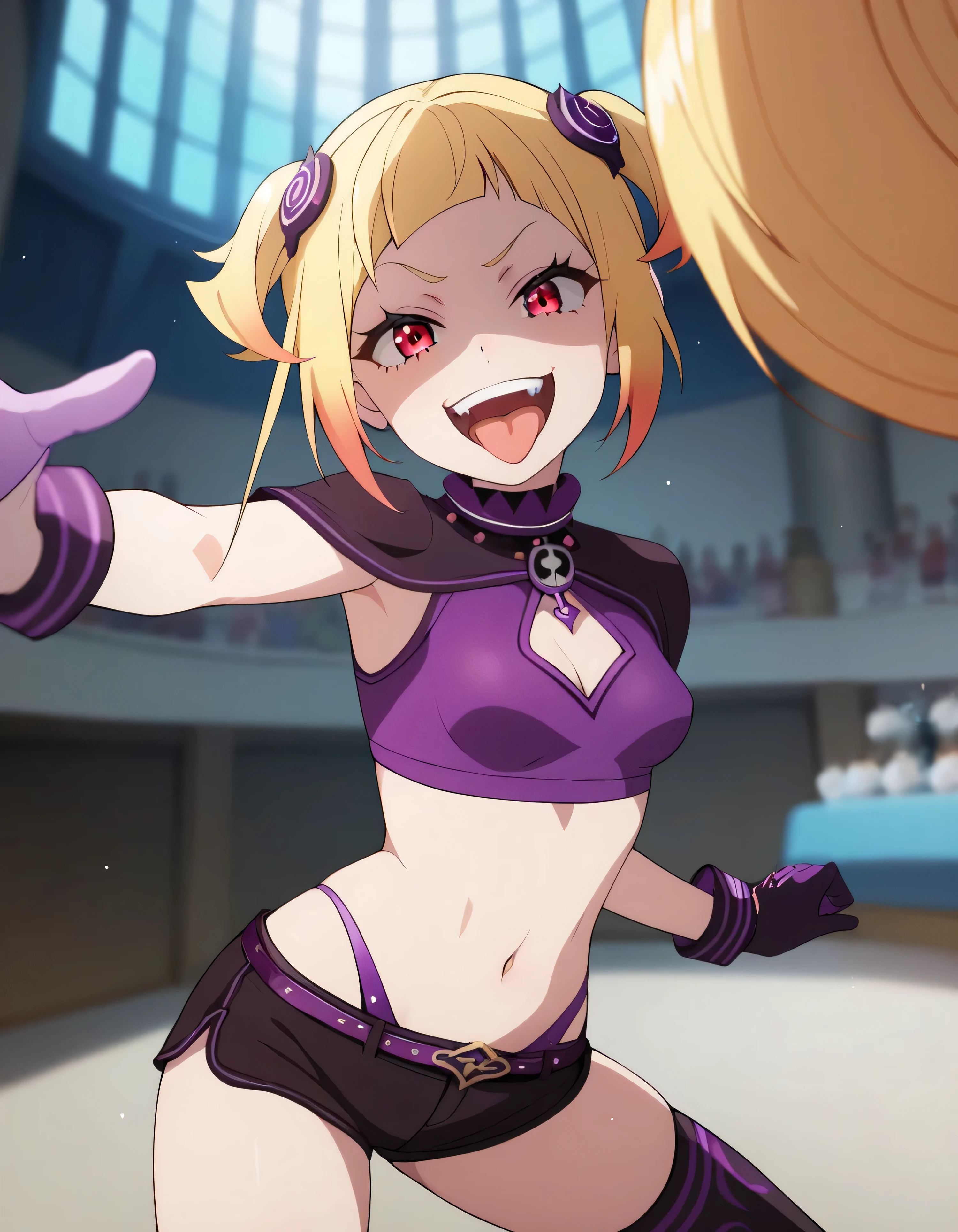 masterpiece, best quality, good quality, newest, CEL, AnFit, red eyes, blonde hair, purple crop top, 1girl, tongue out, black thighhighs, looking at viewer, purple gloves, cowboy shot, short shorts, black shorts, small breasts, highleg panties, hair ornament, , underwear, , panty straps, smile, cleavage cutout, , open mouth, purple panties, two-tone , pink gloves, sidelocks, outline1girl, blonde hair,masterpiece , best quality, , lookin under, ,, smile, purple brassiere, from below,too evil laugh, ,small loliul body,villain pose,short hair,shaded face(eyes in shadow),1girl,violence,attack,kick,evil darkness background,five fingers,