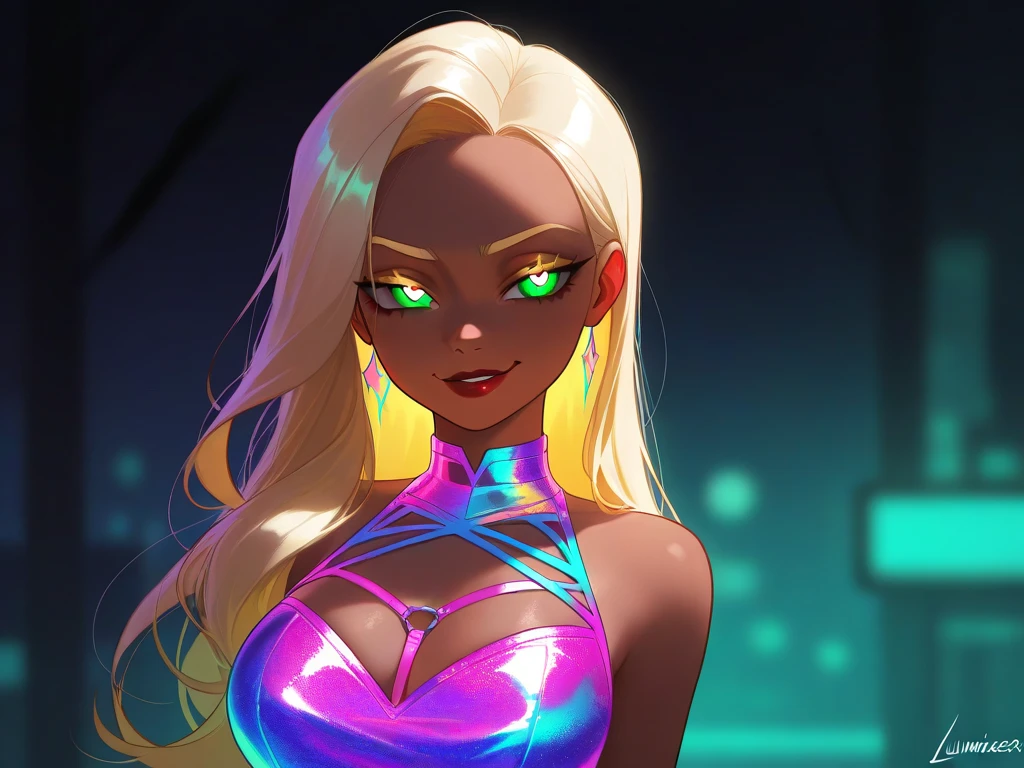 OC, female, semi realism, dark tanned skin, red lips, blonde eyebrows, perfect face, long wavy light Ashe blonde hair with bang,  half-closed Green eyes, evil smirk, neon glamorous cyber, sweet aesthetic, harness and lace neon dress, mystic luminescent, sexy, red velvet veil,heart in eyes, dangerous, breasts,