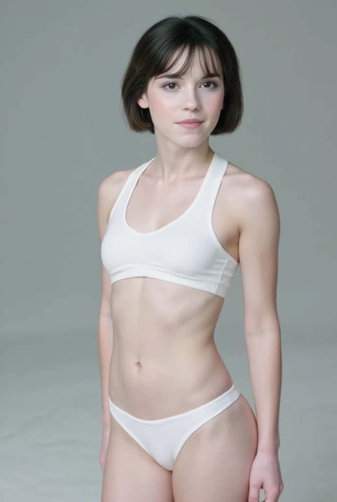 a woman in a White bra top and purple panties posing for a picture, smooth body features, model with Corpo atraente, Corpo atraente, ajuste figura delicada, wearing two piece swimsuit, Corpo tonificado, White bra, corpo perfeitamente sombreado, peito achatado, white bikini, rosto e corpo atraentes, forma tonificada, wearing spandex bikini, corte de meio corpo