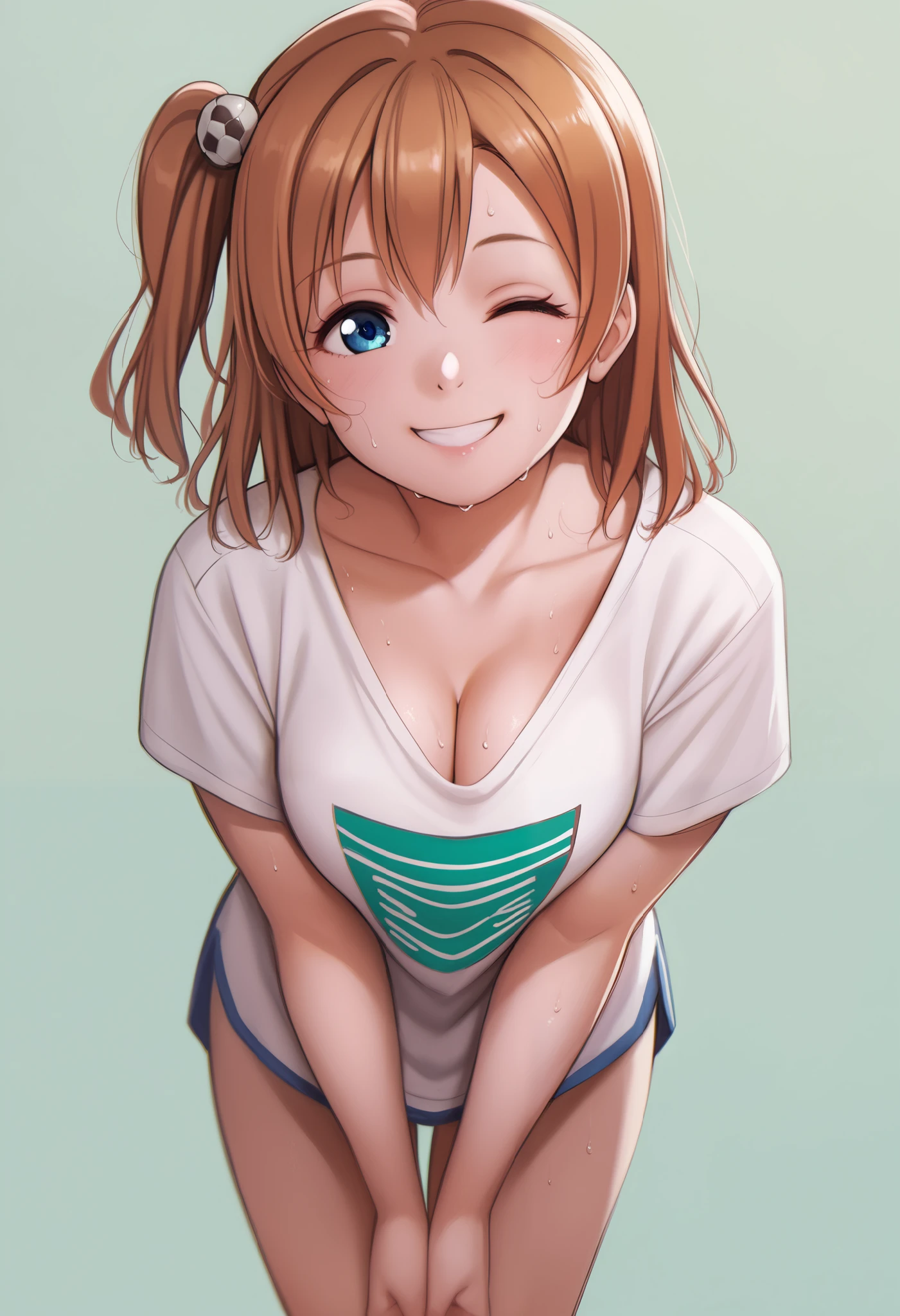 (Masterpiece, Best Quality, High Quality), anime style, love live, honoka kousaka, (blue eyes), brown hair, kousaka honoka, medium hair, 8k wallpaper,looking_at_viewer, football t-shirt, bottomless, hands between legs,v-arms, perfect shadow, beautiful,cozy , collarbone , cleavage , sweating, smile,wink, standing, bent over, front view,p4l0m4