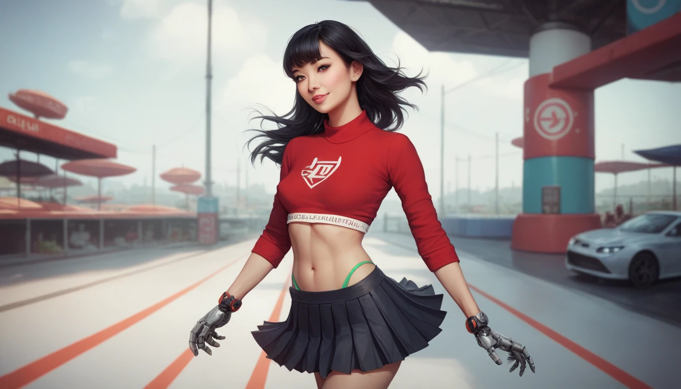 Beautiful Chinese 17 year old female, bob hair with silver streaks, large breasts, red t shirt, black short skater skirt, leather boots, punk girl, masterpiece, photorealistic, smiling