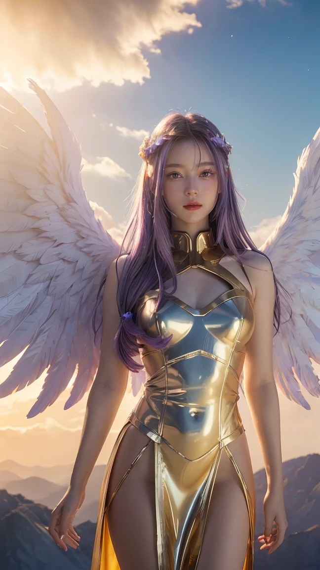 ((masterpiece, best quality, extremely detailed), volumetric lighting, ambient occlusion, colorful, glowing),
1girl, solo, young girl, (purple hair), long hair, halo, aura, sacred, goddess, cleric suit, (white outfit with gold detailst:1.3), angel wings,
outdoors, sunset, sky, clouds, space, (fantasy theme:1.2),