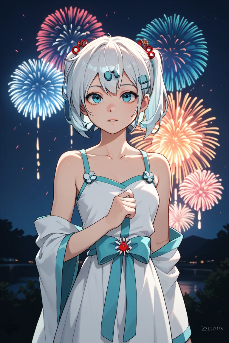 New Year's costume, white dress, medium size, various fireworks in the night sky, collarbone, nap, short hair, bangs, blue eyes, hair ornament, white hair, hairpin, Hatsune Miku dressed in an outfit similar to hers.