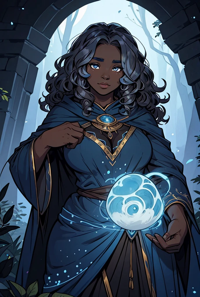  An illustration of a female air genasi with dark brown skin and blue spots. She has a fat body.  She has curly hair, voluminous and long.  The eyes are completely dark blue with silver dots , without pupils. she's a druid. So wear a cloak .  The style is fantasy .