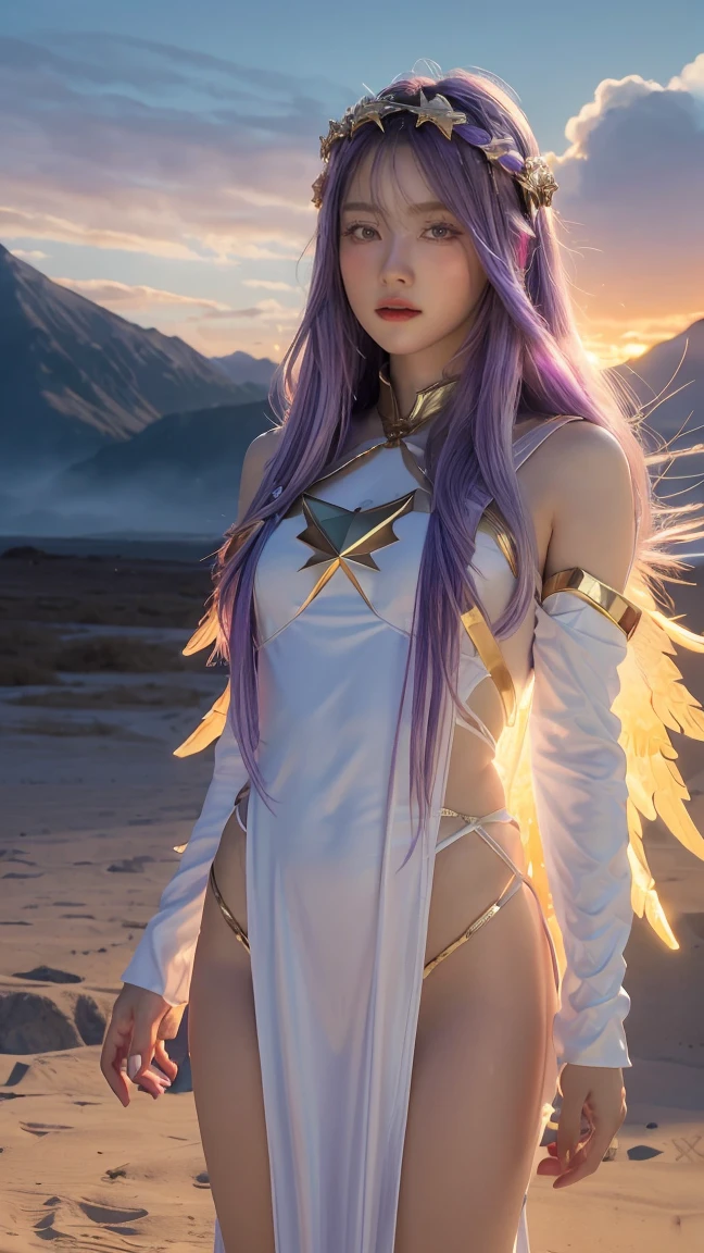 one American girl, realistic green eyes, long light purple lilac hair, large tits, large chest, cleavage, draped in white fabric with gold accessories, gold jewelry, high cheekbones, close up, masterpiece, best quality, looking at viewer from behind over the shoulder, plump lips, oriented to the left,  purple sky with soft stars with bright large full moon directly behind woman, zoomed out, full body