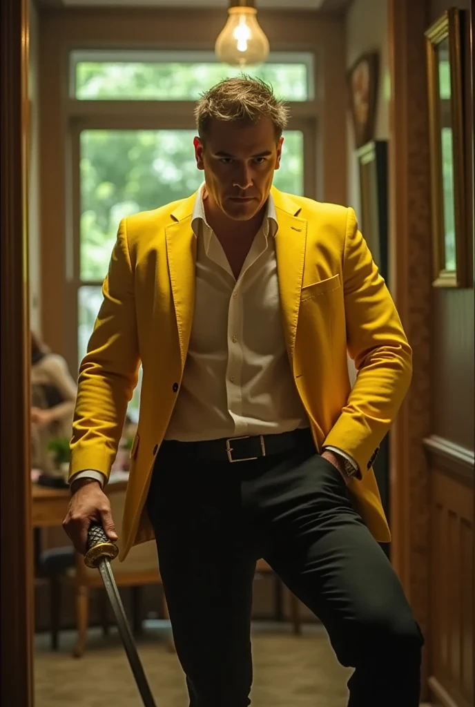 rico in yellow suit with black slacks holding a katana sword, ready for action, cinematic, dramatic lighting, action