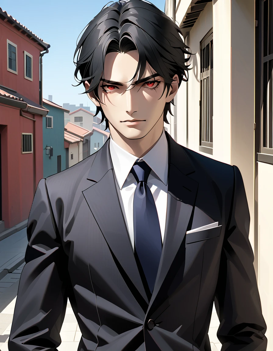    black hair,   Sharp Eye, Lewd Eyes, male　  red eyes　 short hair with shadows　   handsome, ,   business suit　  Portrait　  upper body　  snapshot　  cowboy shot 　Sea-style buildings 　