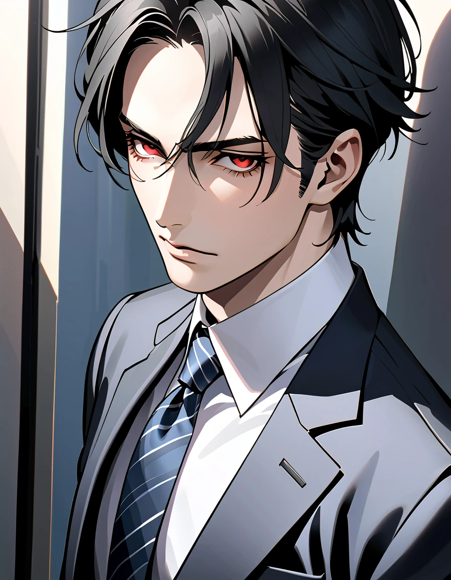    black hair,   Sharp Eye, Lewd Eyes, male　  red eyes　 short hair with shadows　   handsome, ,   business suit　  Portrait　  upper body　  snapshot　  cowboy shot 　Sea-style buildings 　