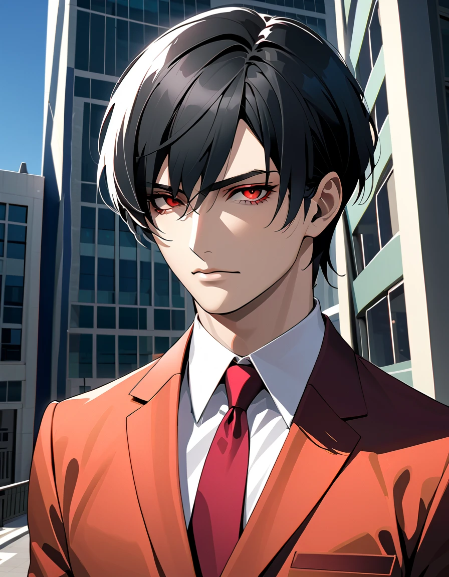    black hair,   Sharp Eye, Lewd Eyes, male　  red eyes　 short hair with shadows　   handsome, ,   business suit　  Portrait　  upper body　  snapshot　  cowboy shot 　Sea-style buildings 　