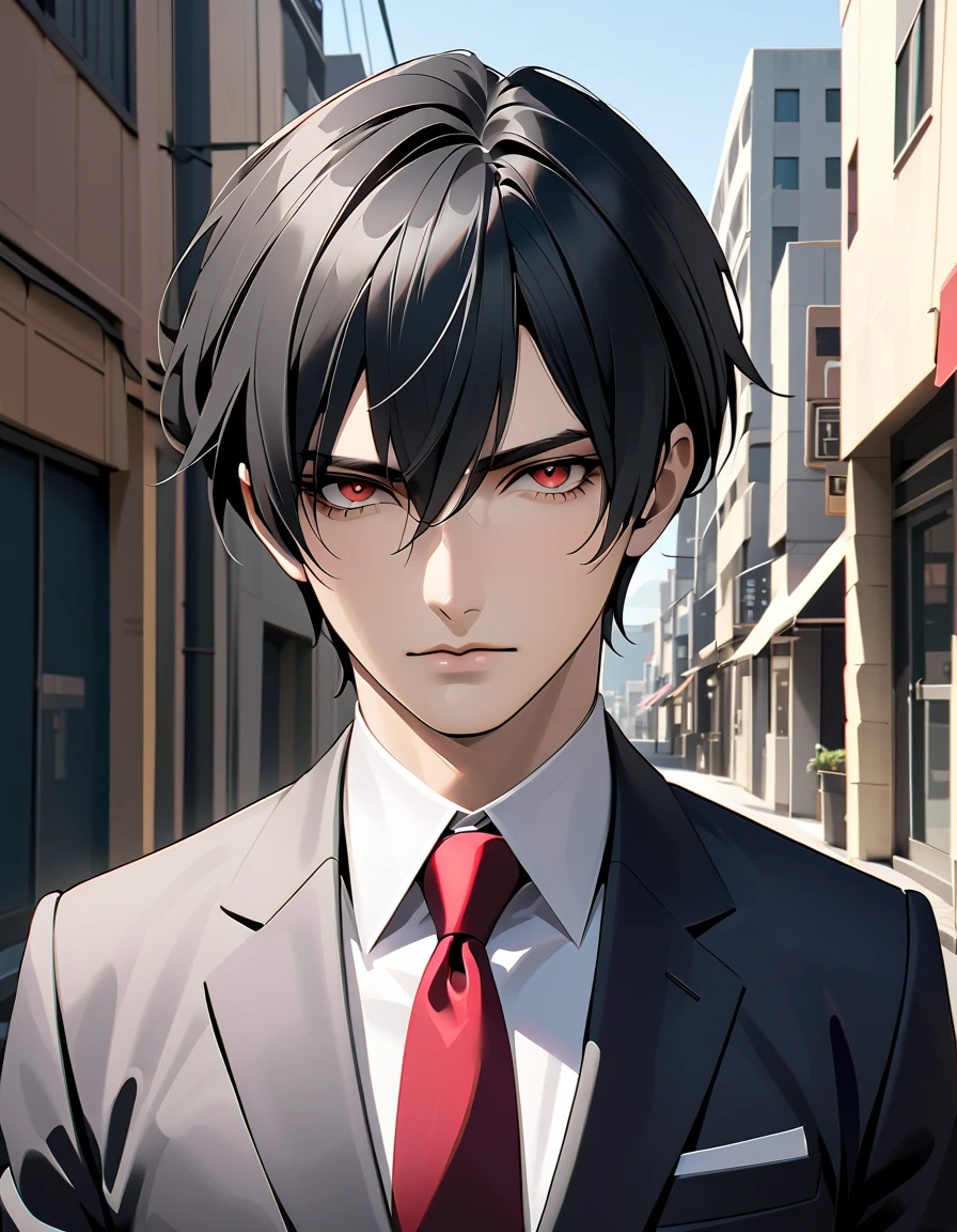    black hair,   Sharp Eye, Lewd Eyes, male　  red eyes　 short hair with shadows　   handsome, ,   business suit　  Portrait　  upper body　  snapshot　  cowboy shot 　Sea-style buildings 　