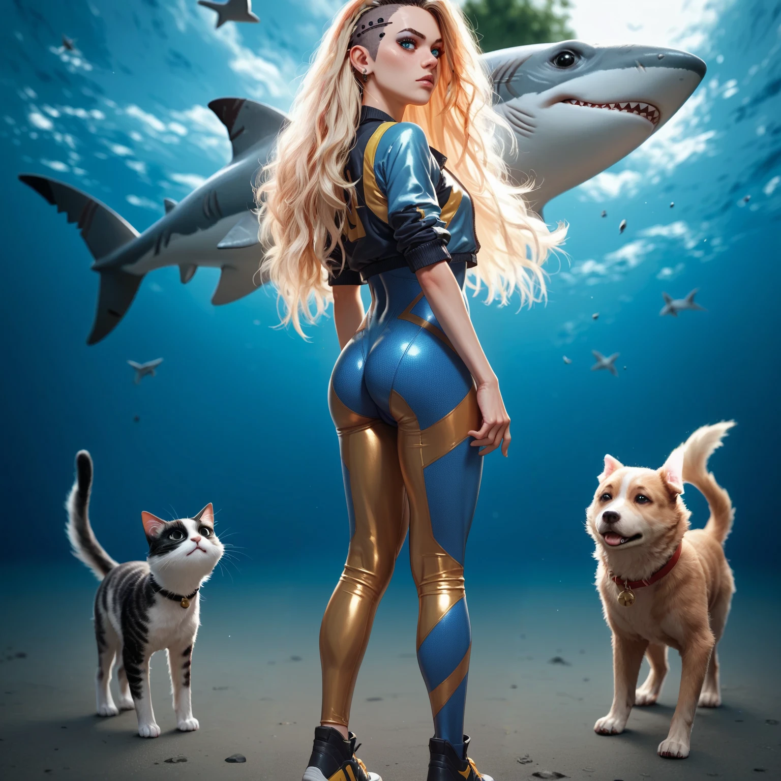 REMAKE PUNK WOMAN LOOKING BACK BLUE EYE SAME HAIR  ,  ZERO CAMELTOE SUIT GOLD COLORED DIVER'S UNIFORM 