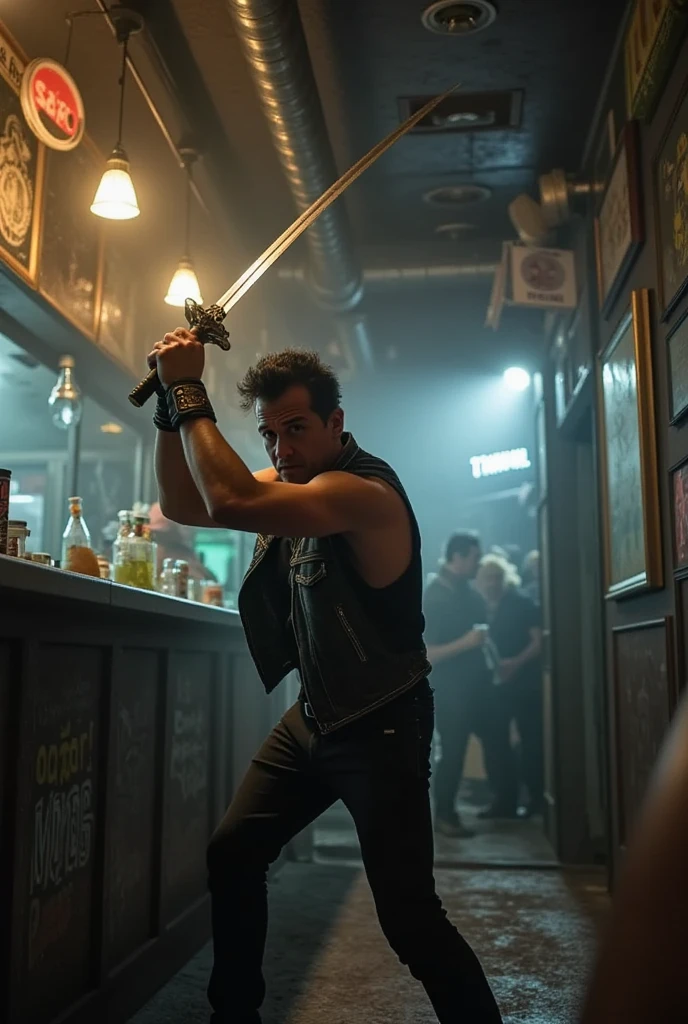 rico in a punk rock bar at night with a samurai sword above his head, dramatic pose from an action movie