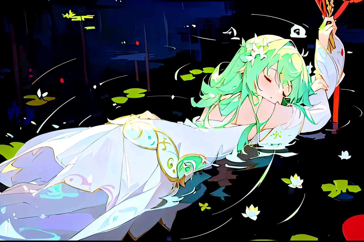 ((upscale,16K,masterpiece:1.3)),(Beautiful woman,,Sleep at the bottom of the sea,Dark ocean landscape,White Dress),pink and green,rich and colorful,Flowing hair,(High Saturation),(rich and colorful splash),Colored bubbles,(shining),Lying on a large rock
