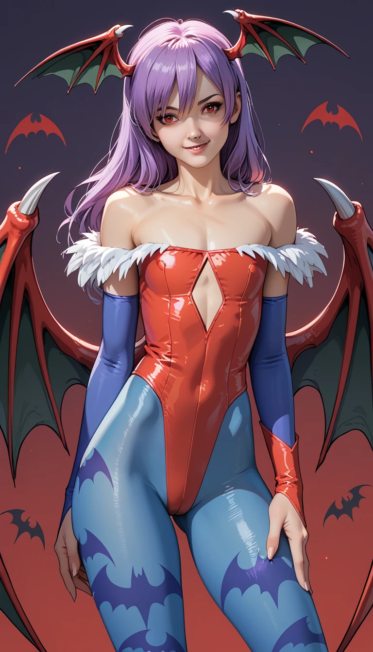 score_9, score_8_up, score_7_up, source_anime, long hair, head wings, aqua hair, green eyes, leotard, print legwear, pantyhose, elbow gloves, demon wings, flirting, lil1th 4ensland, purple hair, red eyes, head wings, bat wings, red leotard, bridal gauntlets, blue pantyhose, print legwear, bat print, from the front, cowboy shot, camelte, gap between thighs, best quality, masterpiece, ultra-realistic, 8k