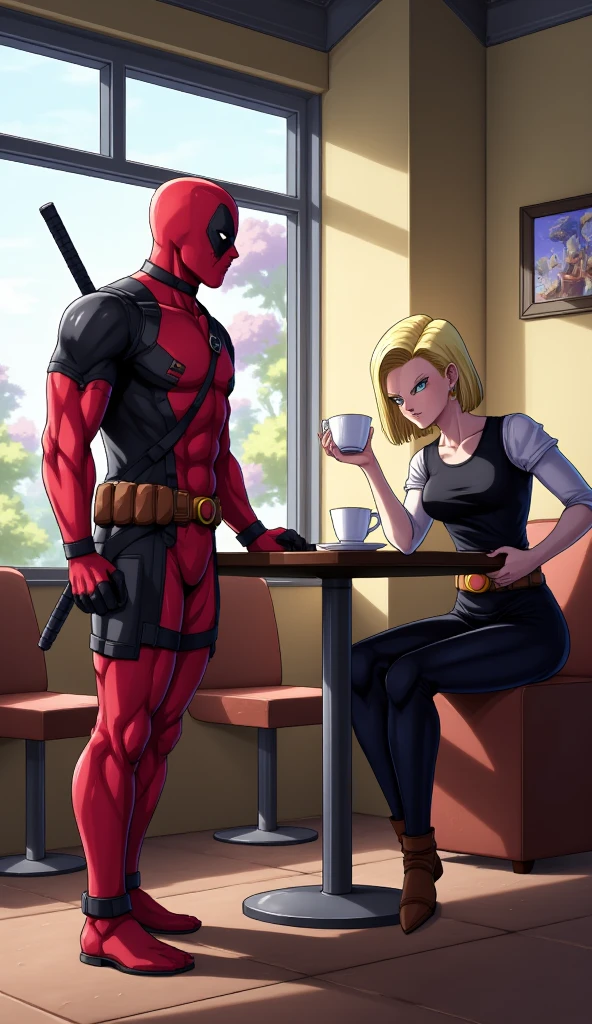 Deadpool walks into a café in the Dragon Ball universe and sees Number 18 drinking tea.  With her classic brazenness ,  is launched : ' Are you an android or an angel ?  Because my heart just overheated . 'She ignores it ,  but that doesn't stop it . 'Come on ,  I know you like immortal types .  It's like having free health insurance . 'The scene ends with 18 crushing his head against the table... but was that a little blush on his face?
