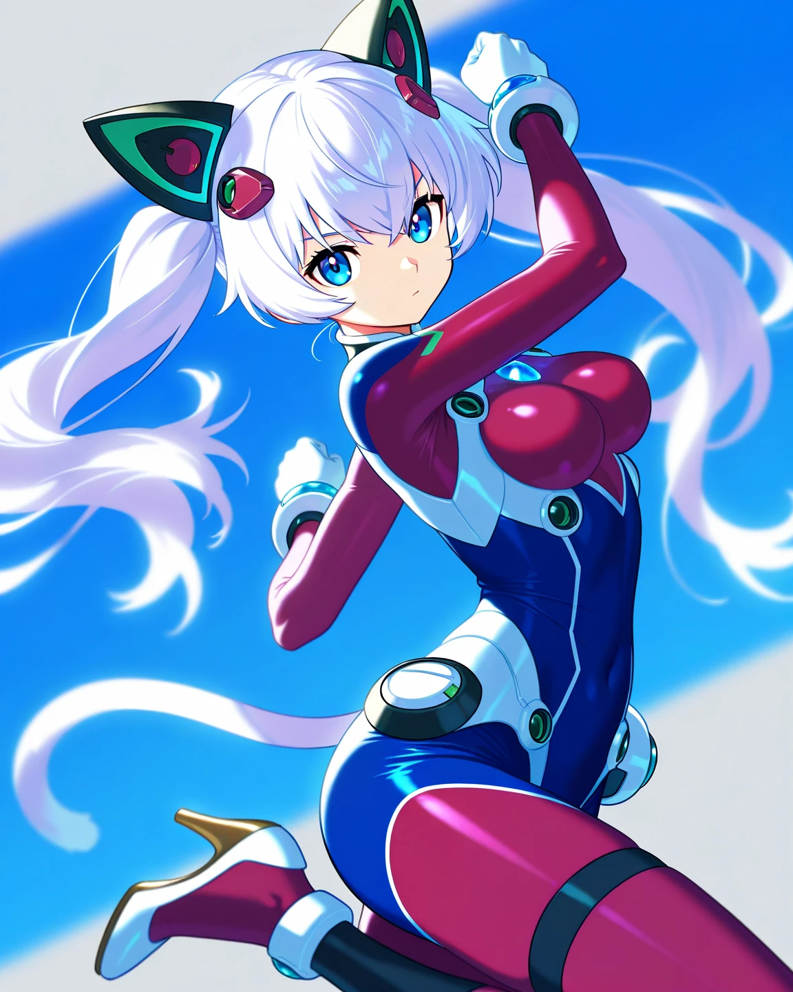 junneko,twintails,white hair,cat tail,cat ears,medium breasts,18yo,blue eyes, headgear,chest jewel,body markings,leg markings,white gloves,bracelet, blue jewel, bodysuit,skin tight,high heels, cowboy shot, solo, fighting, looking at viewer, score_9, score_8_up, score_7_up, score_6_up, score_5_up, score_4_up, source anime, masterpiece, best quality, high detailed , no background,
