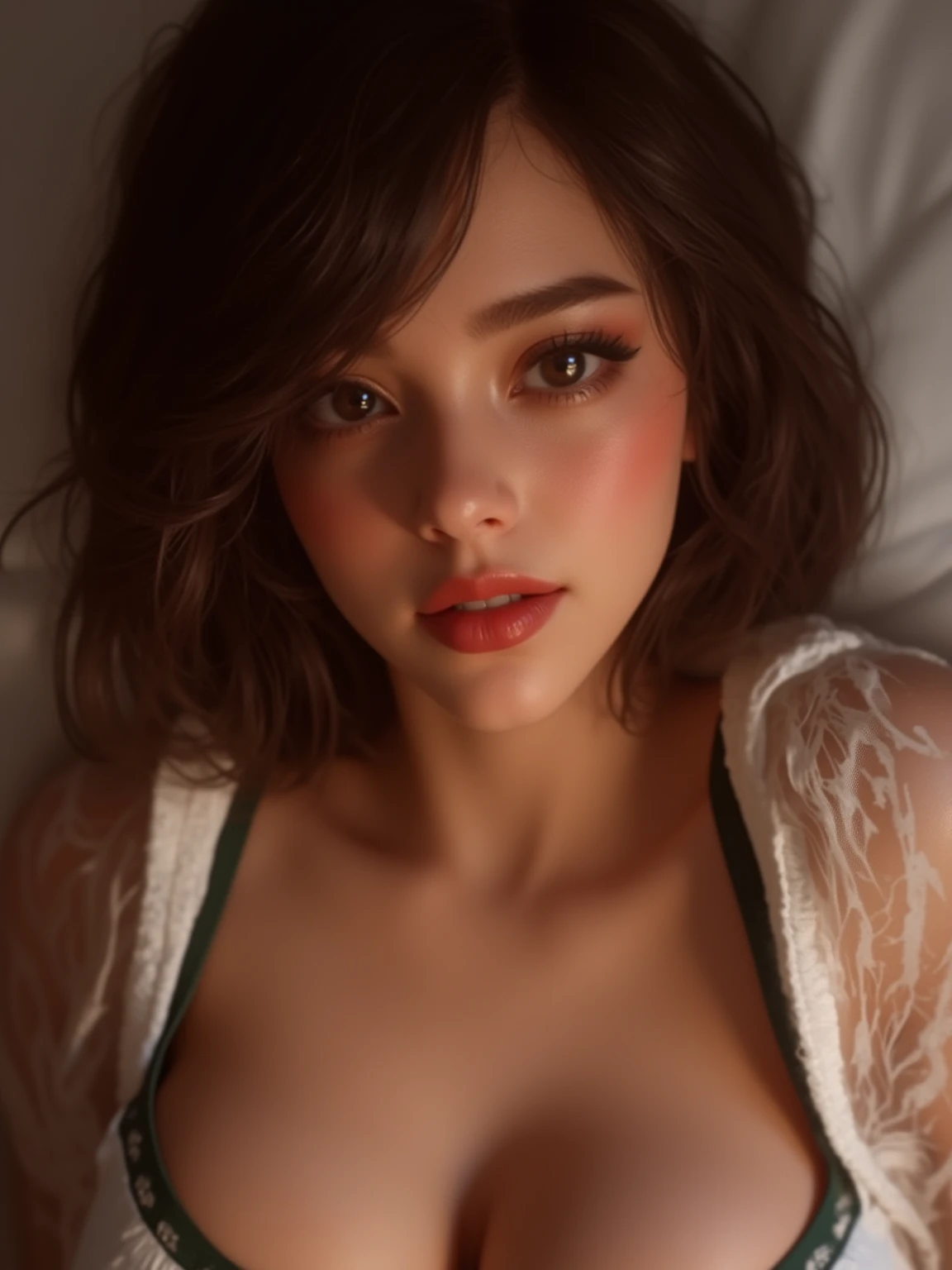 Camisole,Beautiful skin,Fine-grained skin,D Cup Breasts,Denim shorts,Feet on the floor,