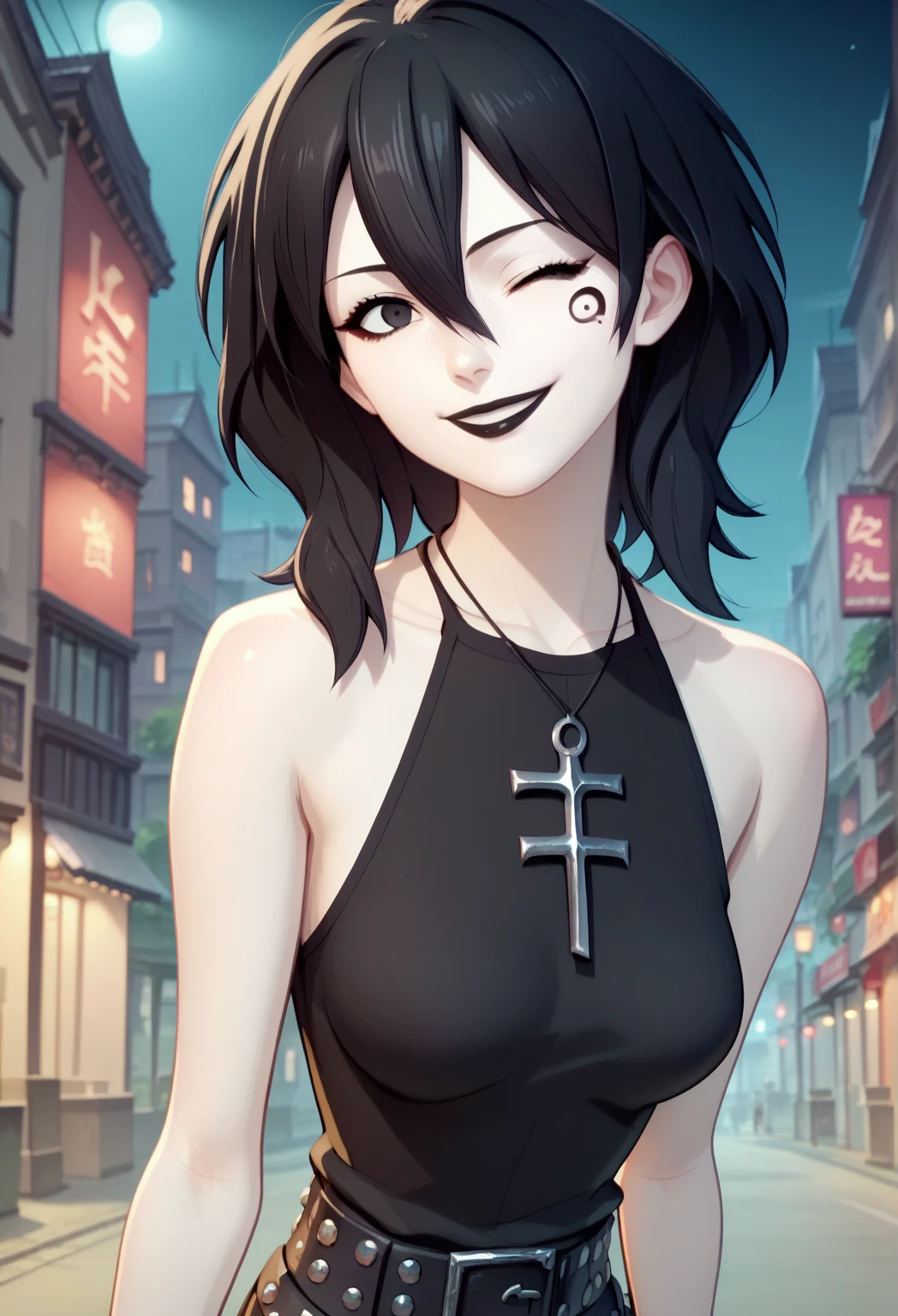 D_endless, anime screencap, 1girl, black eyes, black hair, medium hair, hair between eyes, pale skin, white body, medium breasts, facial mark, ankh necklace, black top, bare shoulders, studded belt, black pants, looking at viewer, black lips, goth, night, smile, one eye closed, skyscraper,, score_9, score_8_up, score_7_up, score_6_up, score_5_up, score_4_up, ponypositive