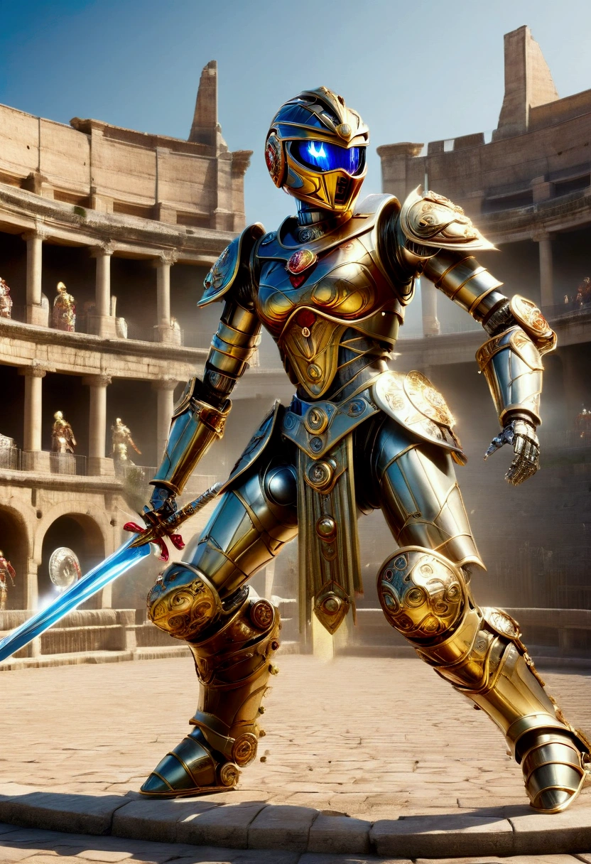 (female (Robot of power rangers)) wearing roman gladiator armor, the robot is fighting another robot, the robots are fighting in a gladiator arena, photorealistic, (A mechanical gladiator who fights with a large sword in an ancient Roman amphitheater),(Ancient Roman Armor 　Attire),